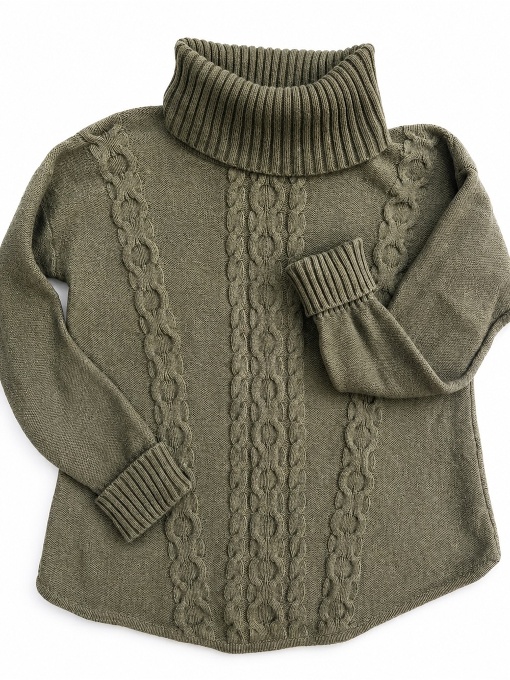 L.L.Bean Cotton Cable Knit Turtleneck Sweater Olive Green Medium